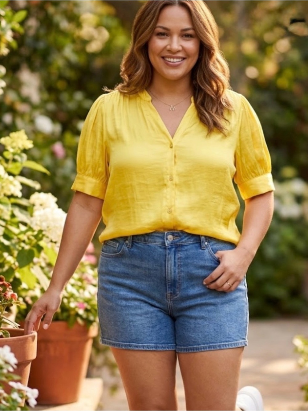 Premise Bright Yellow Short-Sleeve V-Neck Button Blouse